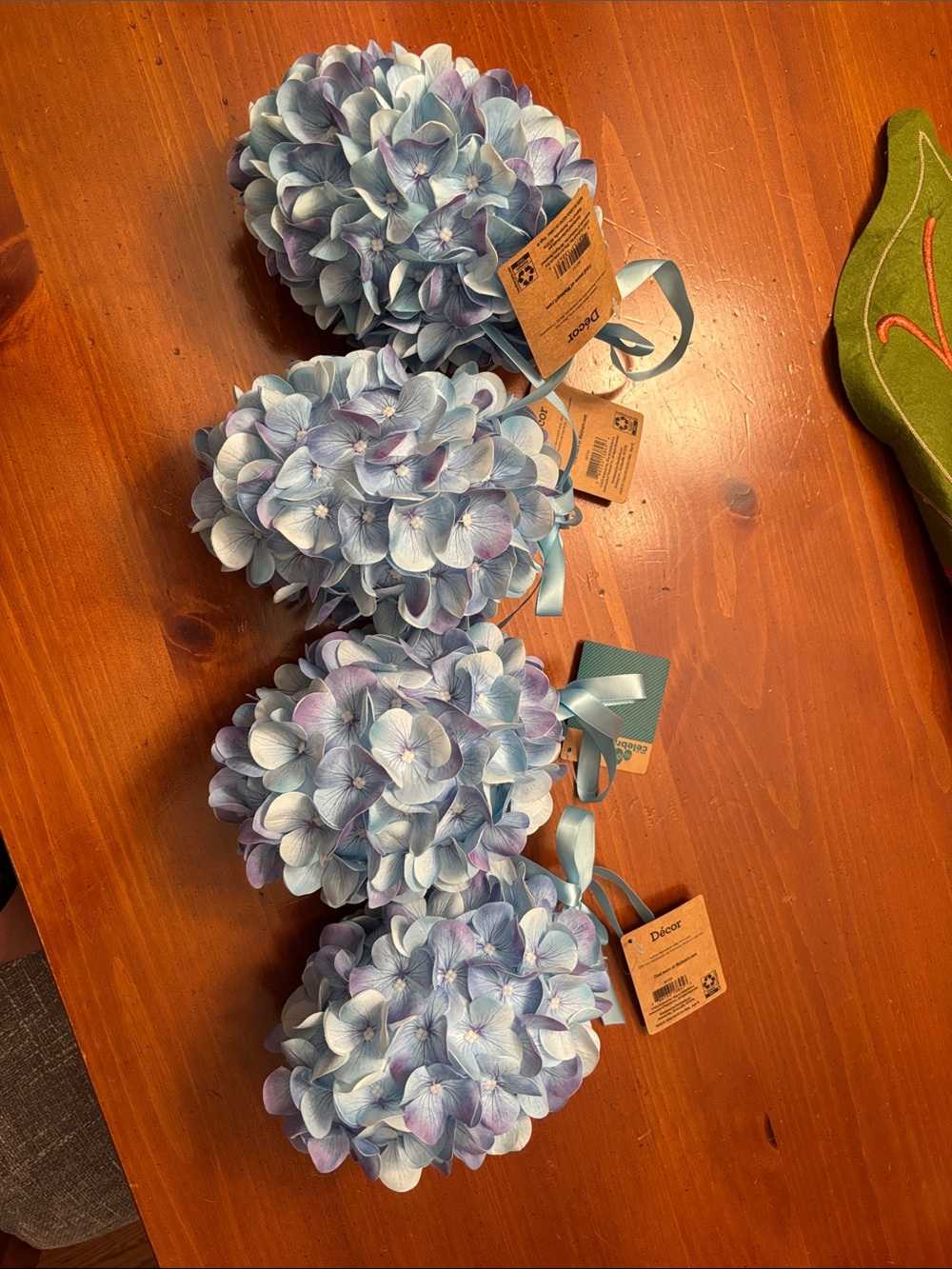 Decorative Blue Hydrangea Pomander Balls with Ribbon - Set of 4